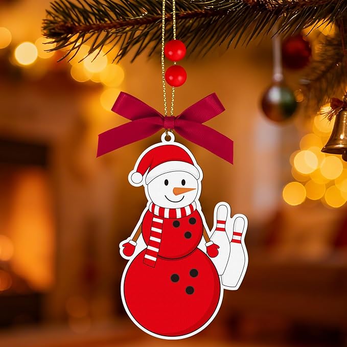 4.3 Inches Snowman Bowling Christmas Ornament, Wooden Bowling Snowman Tree Ornament Hanging Decoration for Rearview Mirror, Window, Eaves, Fireplace and Home Holiday Party Decor