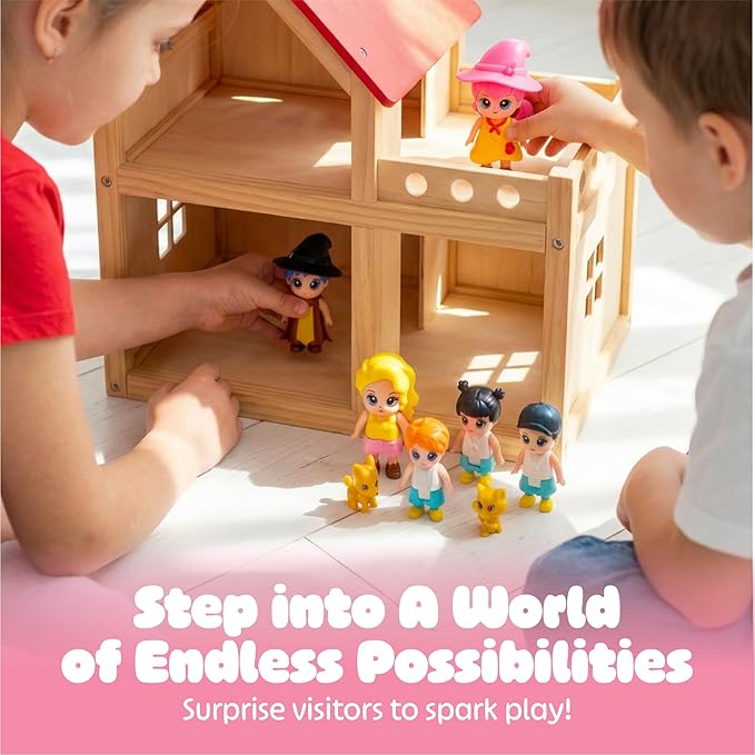 Toy Family People Figures Playset – Dollhouse Figurine Set with Wizard Guests for Imaginative Doll House Play - Features Parents, Kids, Pets & Two Wizards | Pretend Play Storytelling Toy for Kids