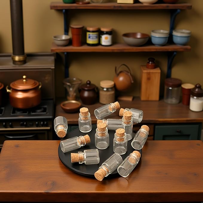10Pcs Dollhouse Glass Jars Miniature: 1/12 Scale Glass Bottles Food Container - Mini Canister Empty with Cork, Dollhouse, Dollhouse Decor for Kitchen Restaurant DIY Accessories