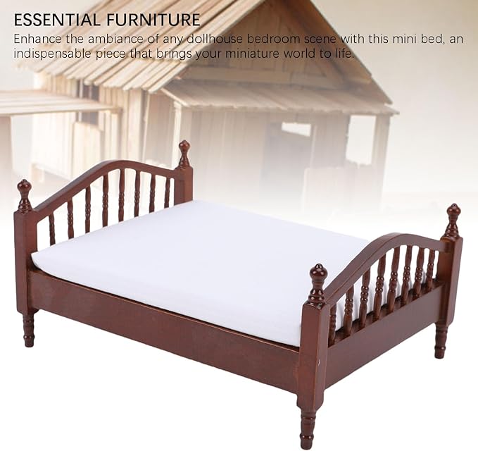 Diydeg Wooden Doll House Bed, 1: 12 Scale Dollhouse Miniature Furniture Vintage Wooden Bed with Bedding, DIY Scene Doll Home Furniture Craft Accessoreis