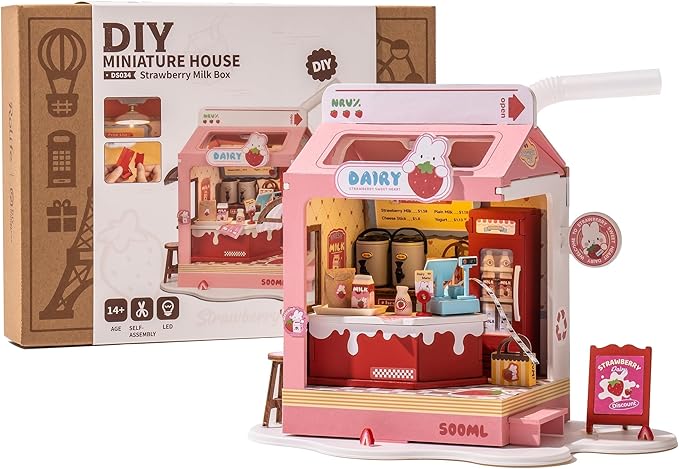 DIY Mini House Building Miniature Kit Milkbox, Miniverse Lifestyle Bookshelf Decoration, Cute Craft Kits for Women or Girls 14+, Kawaii Gifts Hobbies for Crafters (Strawberry Milkbox)