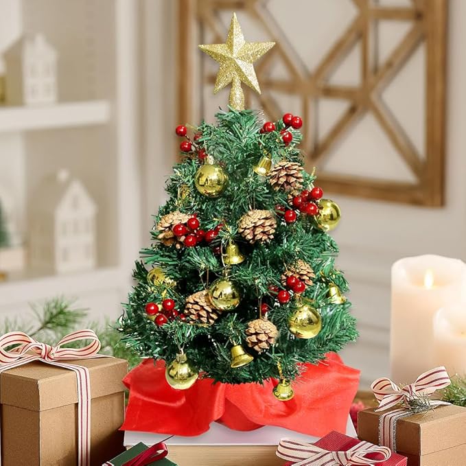 24 Inch Mini Christmas Tree with Lights 2ft Small Christmas Tree with Star Christmas Table Decorations for Bedroom, Home, Office, Holiday Party Decor