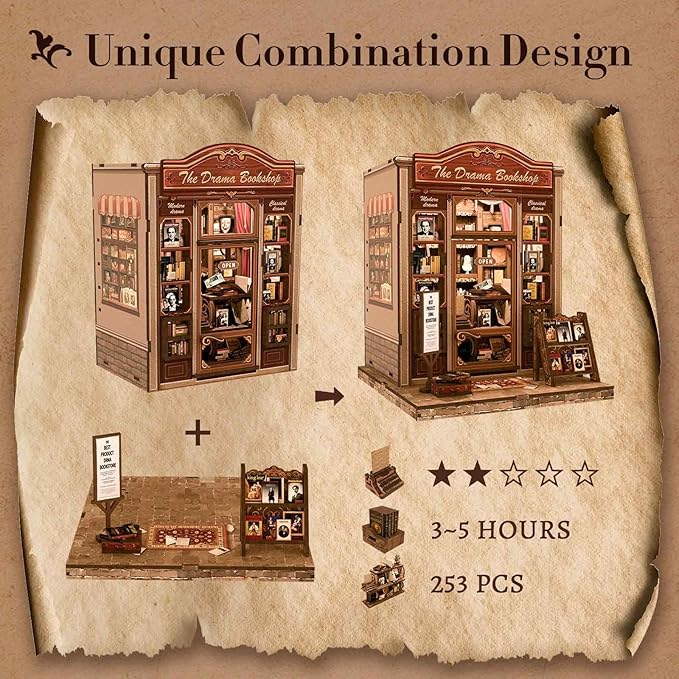 Fsolis Book Nook Kit, DIY Bookshelf Miniature Bookshelf Kit for Adults Tiny House 3D Puzzle Booknook Adult Craft Gifts for Women Teenagers Book Lovers (The Drama Bookshop)