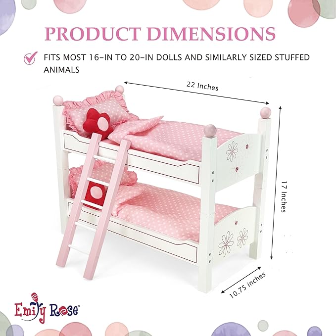 Emily Rose 18 Inch Doll Bunk Bed with Floral Bedding & Ladder | 2 Stackable Single Beds | Fits 18” American Girl Dolls, Our Generation, My Life As | USA Designed | Ages 5+ | Ideal Gift