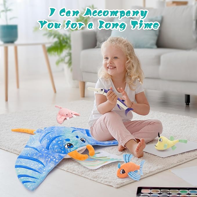 5Pcs Manta Ray Plush, Large Stingray Stuffed Animal with 4 Different Kinds of Small Fish Plush Toys, Christmas Birthday Gifts for Kids Boys Girls, Ocean Party Favors