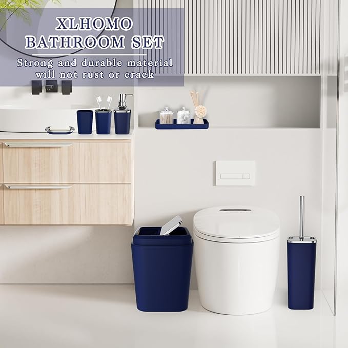 XLHOMO Navy Blue Bathroom Accessories Set, 9-Piece Plastic Gift Set with Trash Can, Toothbrush Holder, Toothbrush Cup, Soap Dispenser, Soap Dish, Toilet Brush Holder,2 Qtip Holder Dispensers and Tray