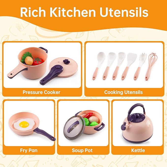 120Pcs Mini Play Kitchen Accessories, Kids Pretend Cooking Playset with Desserts, Cuttable Veggies & BBQ & Storage Basket, Educational Role-Play Gift for Toddlers, Child, Pink