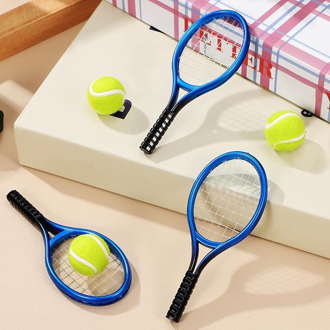 Kisangel 4 Sets Mini Tennis Rackets, Baby Tennis Racket and Balls Miniature Cake Topper Decorations Keychain Kit Dollhouse Toy for Sports Equipment
