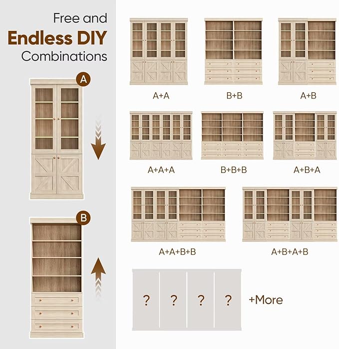 71" Tall Kitchen Pantry Cabinet, Rustic Farmhouse Storage Hutch with Glass Doors & Adjustable Shelves, Freestanding Wood Buffet Cabinet for Dining Room, Living Room, Brown (Set of 4)