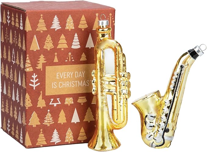 Every Day is Christmas Glass Blown Ornaments Cute Hand Made Figurines Tree Decoration, Set of 2 Trumpet and Saxophone