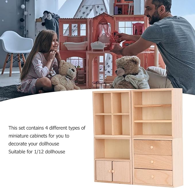 4 Pcs 1/12 Doll House Cabinet Set Simple Design Practical Lifelike Miniature Wooden Dollhouse Furniture Cabinet
