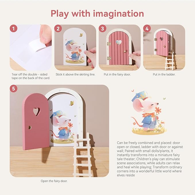 Christmas Mamimami Home Pink Wooden Magical Fairy Doors, 13cm 5.12 inch Elf Mouse Miniature Tiny Door Desk Fairy with Ladder, Tooth Fairy Door Handmade Decorations Gifts