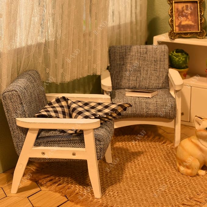 iLAND Dollhouse Couch and Miniature Sofa Set with Mini Houndstooth Cushions, Dollhouse Furniture on 1/12 Scale for Dollhouse Living Room (Sky Blue)