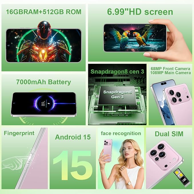 Huness I17PROMAX Smartphone Unlocked Cell Phone,6.99" HD Screen Unlocked Phone,16+512GB Android 15 Battery 7000mAh,Face ID/Dual SIM/5G/Fingerprint Button Unlock/Photos/GPS (Pink, 16+512G)