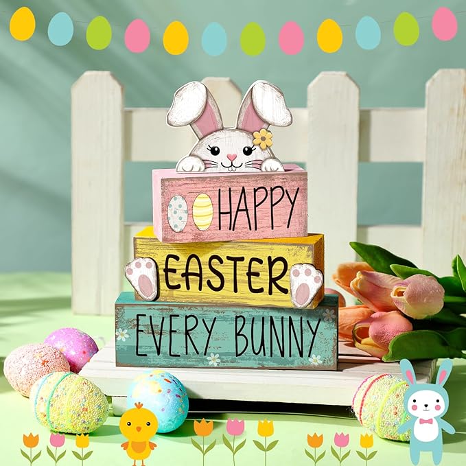 Moucuny 4 Pcs Easter Table Decorations Bunny Tiered Tray Decor Wooden Bunny Block Signs Gifts Happy Easter Centerpiece for Tables Wood Rabbit Tabletop Signs for Kitchen Home Shelf Office DECOR
