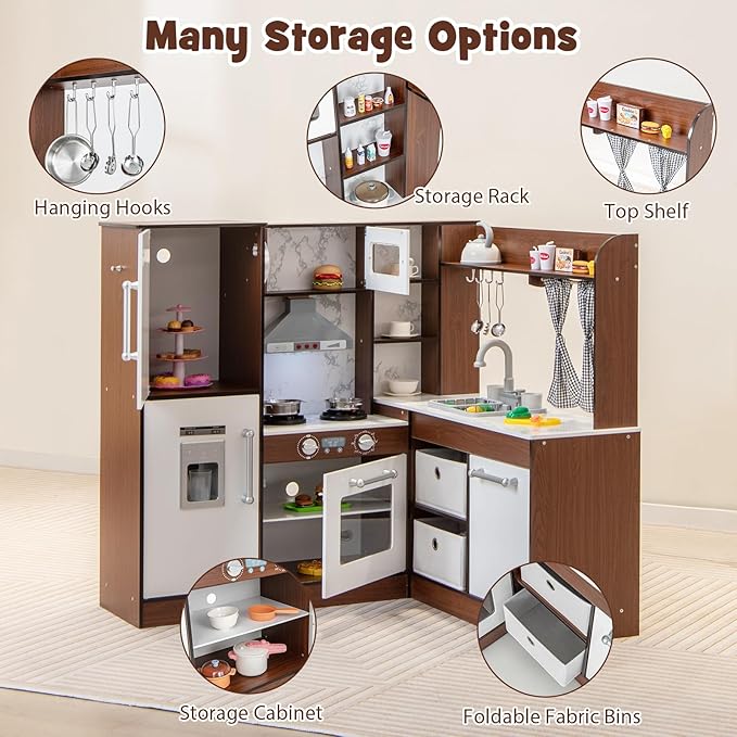 INFANS Corner Kids Kitchen Playset, Ultimate Wooden Pretend Cooking Toy Set with Real Running Water Circulation Light Sound Stove Storage Cabinet, Simulation Play Kitchen Gift for Girls Boys