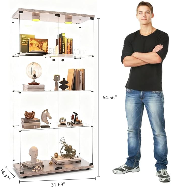 Glass Display Cabinet with Lights and Lock, 4-Tier Display Case Curio Cabinet with Glass Door, Floor Standing Showcase for Living Room Bedroom Home Office 31" W x 14.3" D x 64.5" H