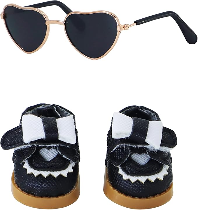 Suitable for 17cm Doll Clothing Accessories Set, Mini Fashionable Small Leather Shoes with Bow Tie and Glasses Two-Piece Set (Black2)