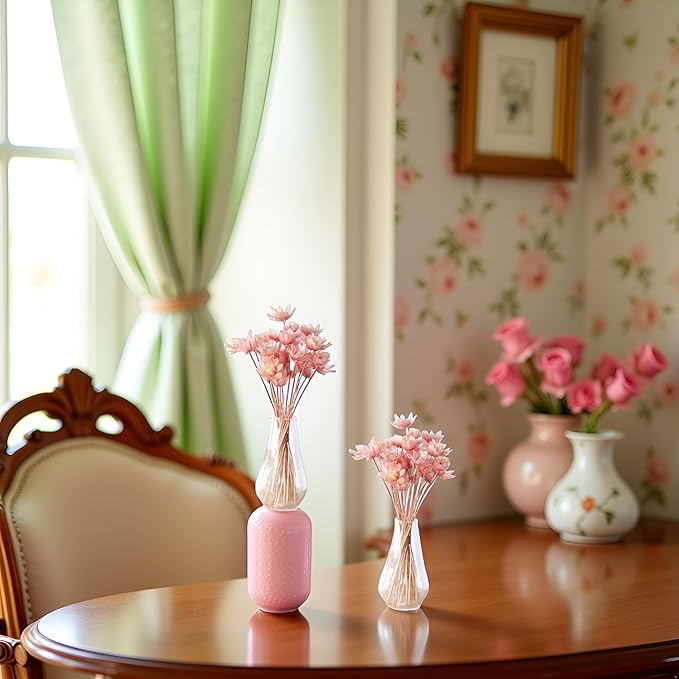 2 Pcs Pink Miniature Dollhouse Flower Vase,1/12 Scale Miniature Accessories Decor, Doll House Mini Flower Bowl Elegant Decoration for Mini Scene,Mini Bowl Decoration Dollhouse Décor