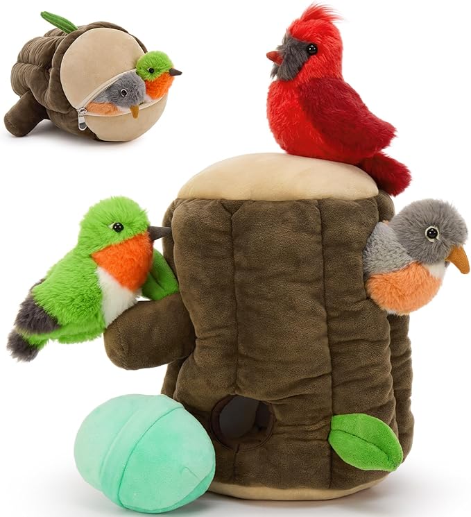 5Pcs Bulk Bird Stuffed Animal Set, Tree House Plush with 3 Small Bird Plushies(Robin, Hummingbird, Northern Cardinal) & 1 Egg, Magnetic Stuffed Tree Toys for Kids,Birders
