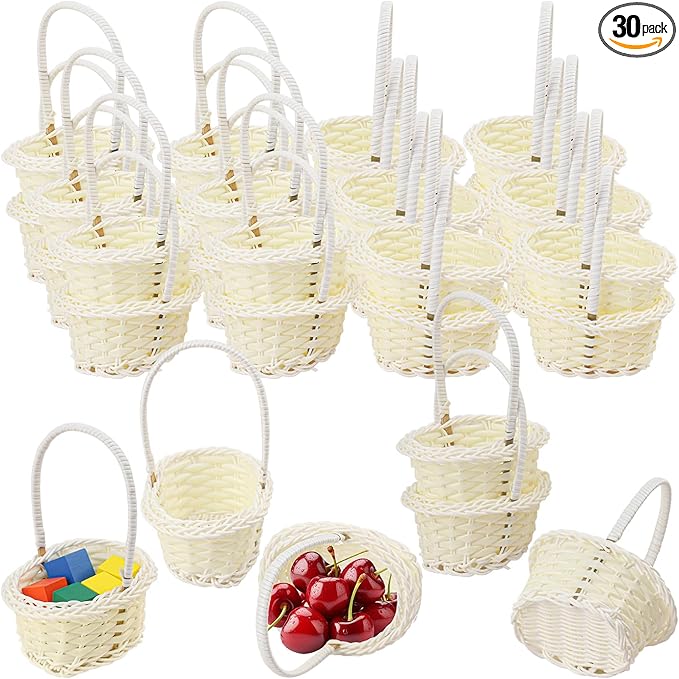 30 PCS White Mini Wicker Baskets with Handles, 4 x 3.15 inch Tiny Woven Storage baskets Small Woven Rattan Baskets with Handle for Picnics, Wedding Deco, Party Favors, Gift, Garden Deco(Oval)