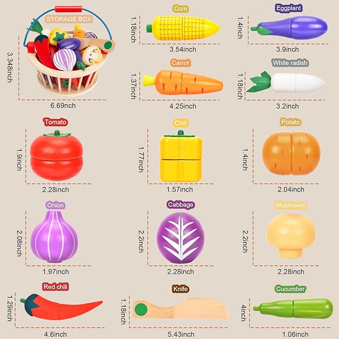 Victostar Magnetic Wooden Cutting Fruits Vegetables Food Play Toy Set with Basket for Kids