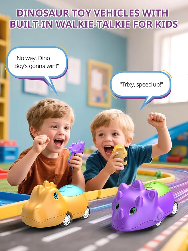 Inspireyes Dinosaur Walkie Talkies for Kids Rechargeable, Dino Toy Cars for Boys & Girls Ages 3-7, Crystal-Clear Audio, 48 Hours of Play, Fun Indoor & Backyard, Birthday Gift for Toddler, 2 Pack