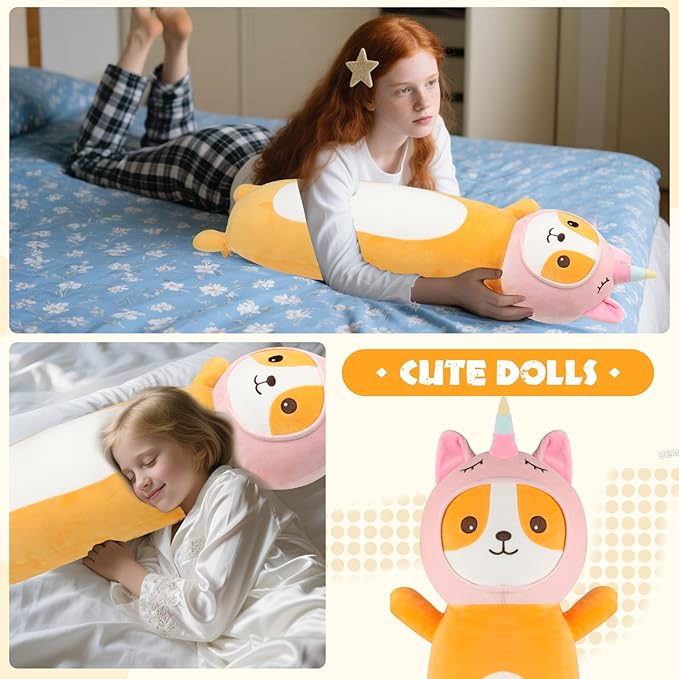 22 Inch Kawaii Unicorn Dog Long Plush Body Pillow Toy, Soft Corgi Shiba Inu Plushies with Stuffy Unicorn Outfit Big Stuffed Animals Gift for Kids Boys Girls, Birthday, Halloween, Christmas