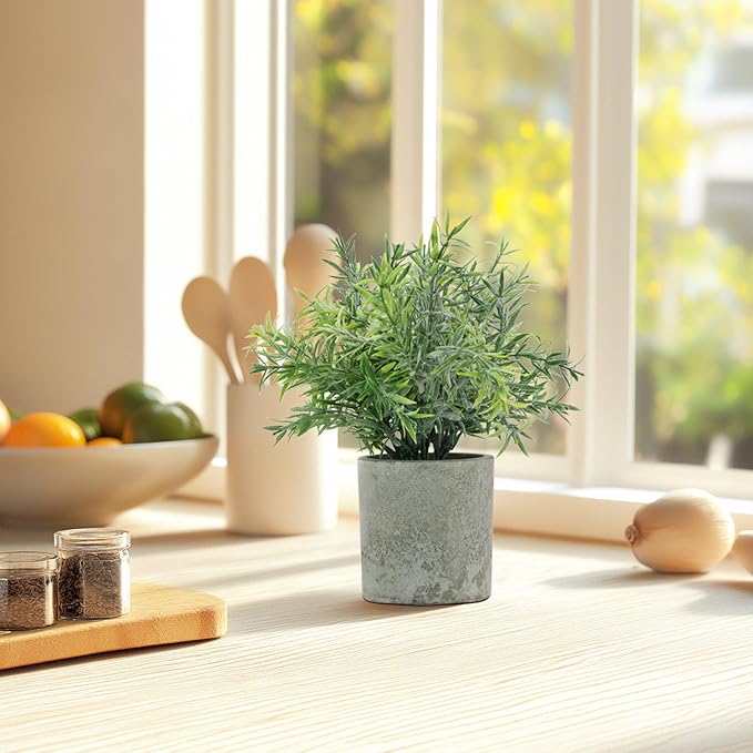 Bacucine 3Pcs Fake Plants Potted Mini Artificial Greenery Artificial Plants for Shelf Table Office Farmhouse Home Decor (Rosemary)