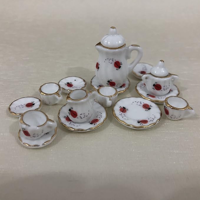 Dollhouse Decoration Accessories, 1:12 Dollhouse Miniature 15 Pcs Porcelain Tea Sets Mini Food Toy Model (C)