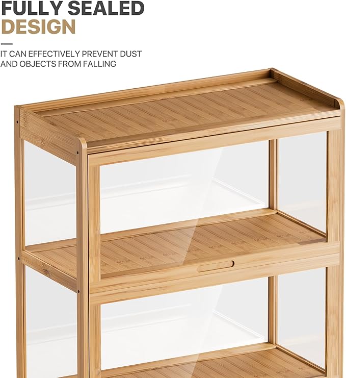 MoNiBloom 67.5" Curio Display Cabinet with Doors, 5-Tier Bamboo Showcase Storage Cabinet Shelf Collectibles Toy Display Case for Living Room, Natural