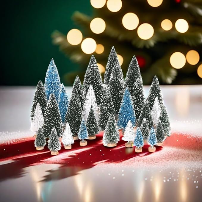 Waipfaru Christmas Decorations, Blue Bottle Brush Christmas Trees, 21 Pcs White Mini Christmas Trees, Miniature Pine Trees for Xmas Tabletop Crafts Indoor Table Home Decor (Blue & White)