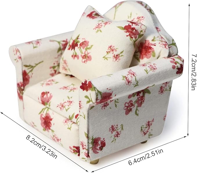 Dollhouse Couch with Pillow 1 12 Scale Miniature Sofa Arm Chair Living Room Furniture Wooden Fabric Frame Single Reading Chair Artificial House Room Scene Decoration (White Floral)