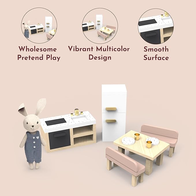 SPEEDY MONKEY Doll House Kitchen Playset with Bunny – Miniature FSC Wooden Kitchen Furniture Set – Dining Table, 4 Chairs, Fridge & Accessories – Pretend Play Doll House Decor Toy for Kids & Girls