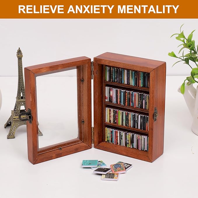Anxiety Bookshelf With 100pcs Miniature Books | Shake Away Your Anxiety Mini Wood Rustic Book Library | Decorative Gift for Book Lovers (Brown)