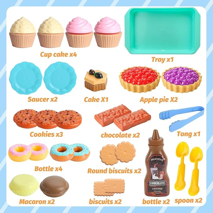 LOVESTOWN Pretend Play Desserts Toy Set - 29 PCS Kids Desserts Fake Food for Tea Party & Birthday Gift