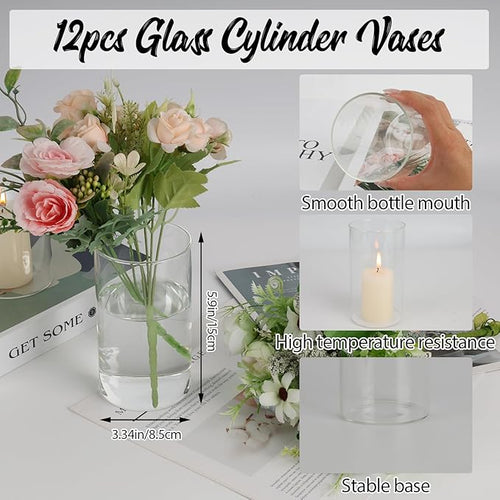 12pcs Glass Cylinder Vases for Centerpieces, Floating Glass Candle Holder for Dinner Table 6 Inch Tall Clear Flower Vases for Wedding Decoration, Birthday Party, Home, Holiday