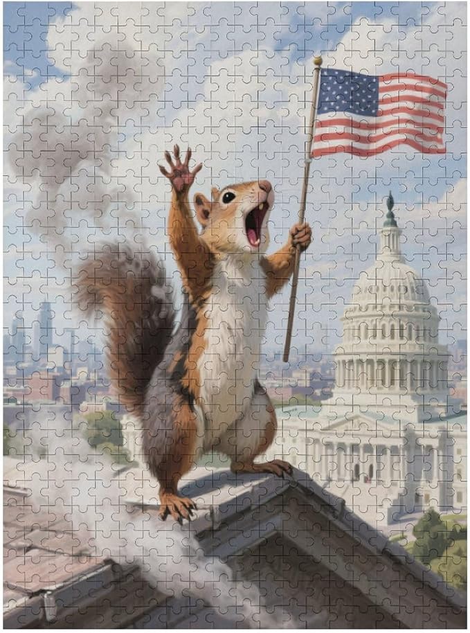 Patriotic Squirrel – 1000 Piece Woodland Wooden Jigsaw Puzzle, Patriotic Squirrel Artwork with Flags, Brain Exercise, Family Fun, Stress Relief