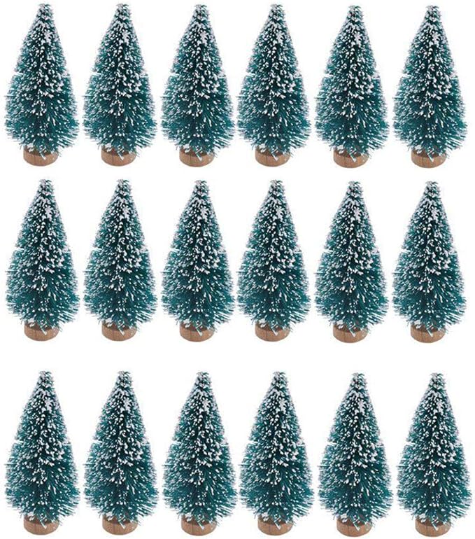 24 Mini Bottle Brush Christmas Trees with Wood Base, Artificial Plastic Mini Trees for Crafts, Winter Snow Ornaments for Christmas Table Party (Blue-Green)