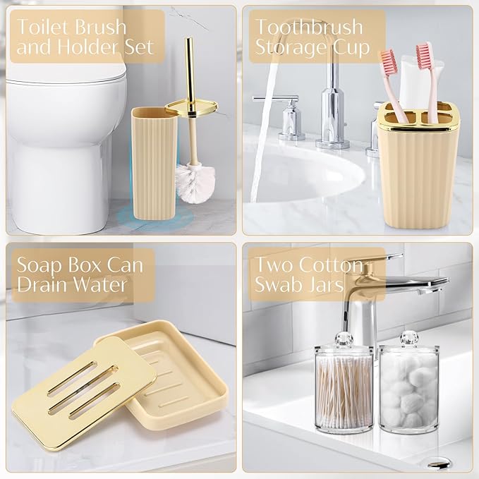 WSBArt 17PCS Bathroom Accessory Set Bathroom Set Beige Bathroom Accessories,Toilet Brush, Trash Can, Qtip Holder Dispenser& 3PCS Soap Dispenser