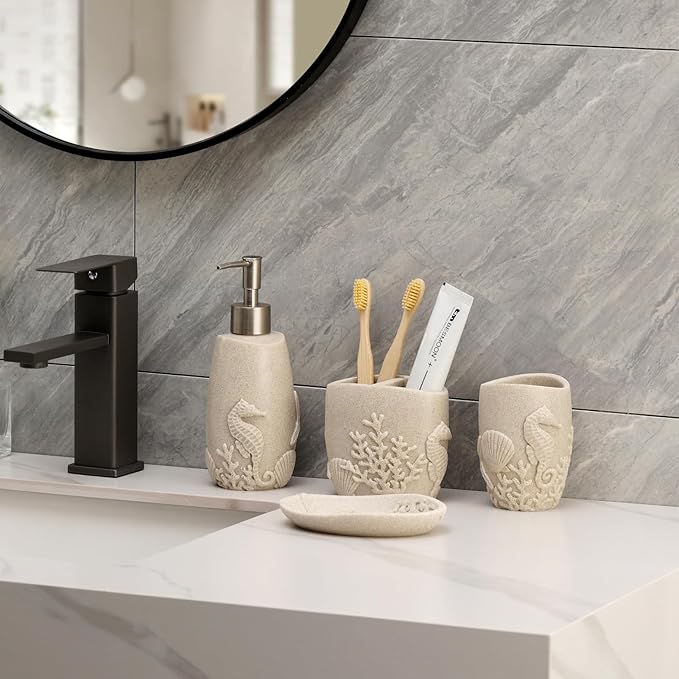 Haocoott Bathroom Accessories Set, 4 PCS Bathroom Accessory Sets with Soap Dispenser, Toothbrush Holder, Tumbler, Soap Dish, Bathroom Countertop Organizer, Sea Bathroom Decor (Beige)