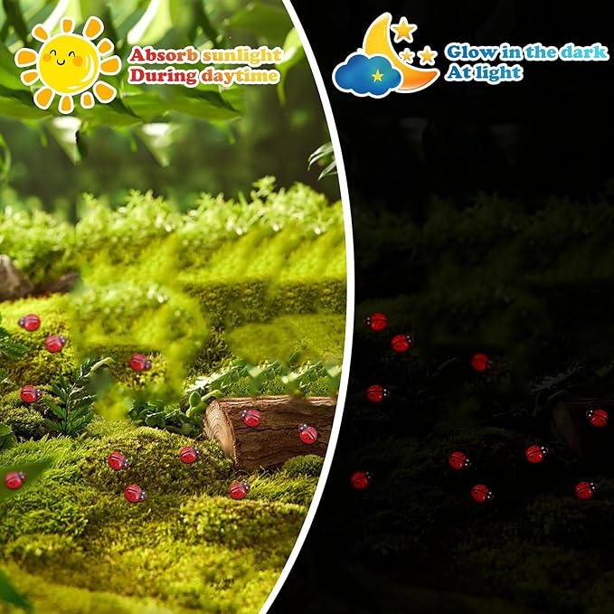 120PCS Mini Luminous Ladybug, Tiny Resin Ladybug Miniature Figurines, Glow in Dark Animals for Fairy Garden Dollhouse Micro Landscape Decor