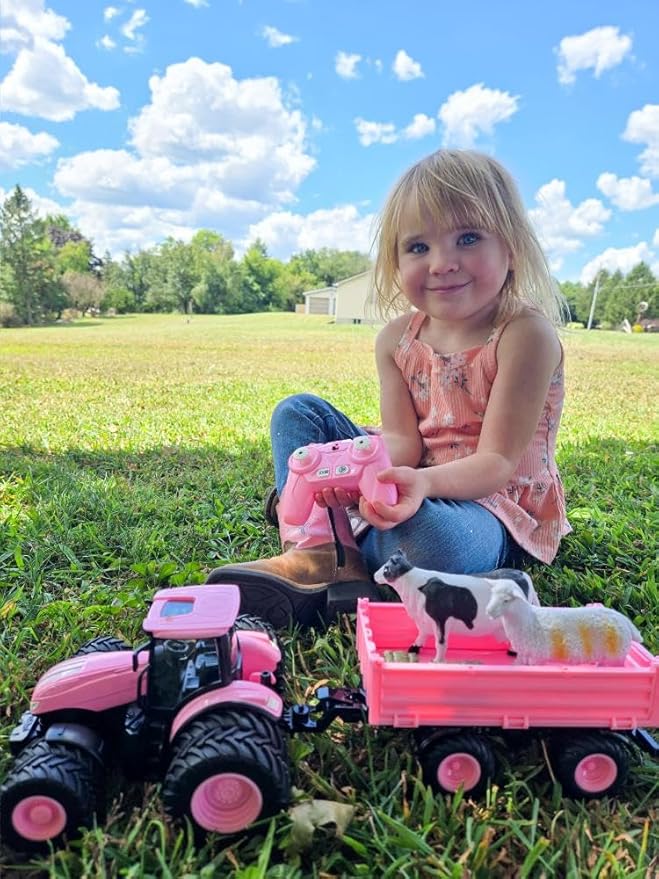 Remote Control Tractor Toy [2026] Kids RC Tractor Set & Truck and Trailer Front Loader - Metal Car Head/8 Wheel/Light, Toddlers Farm Vehicle Toys for 3 4 5 6 7 8 9 Year Old Girls Birthday Gift, Pink