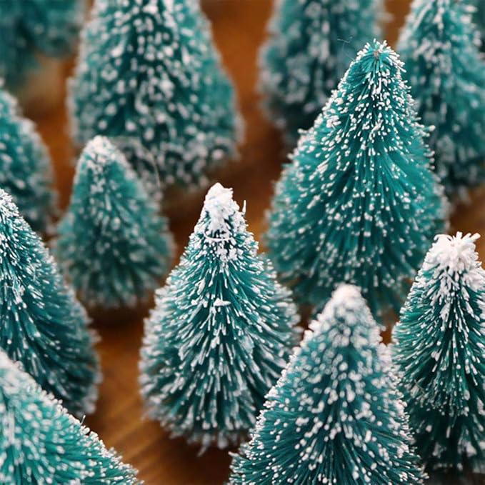 24 Mini Bottle Brush Christmas Trees with Wood Base, Artificial Plastic Mini Trees for Crafts, Winter Snow Ornaments for Christmas Table Party (Blue-Green)