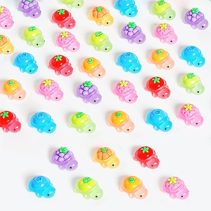 50Pcs Mini Animals Figures to Hide Small Resin Turtles Figurines Tiny Glow in The Dark Miniature Plastic Sea Animals, Fruit, Vegetable, and Turtle Combinations in Novel Designs (7 Styles Mix)