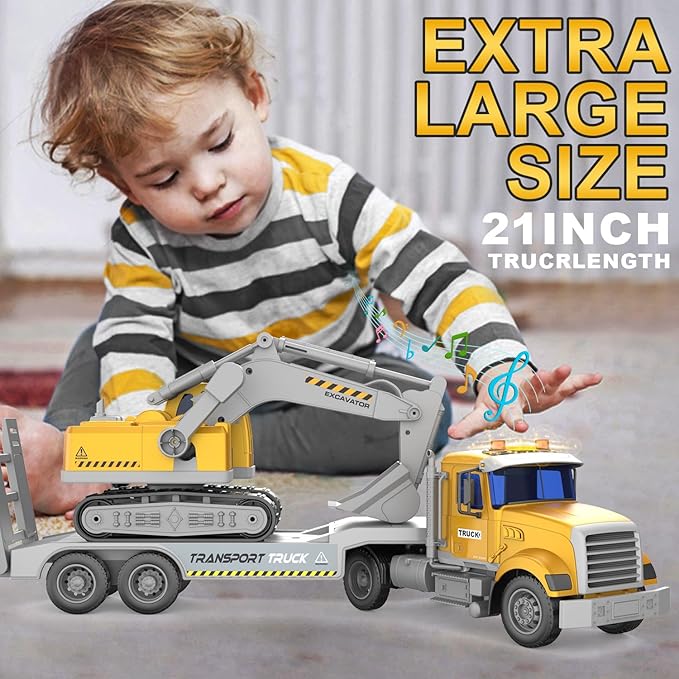 Transports Trucks Kids Toys, 22" Large Semi Truck Toy Carrier and Excavator Truck with Sound&Light,Friction Powered Cars Toys Birthday for Childs-Yellow
