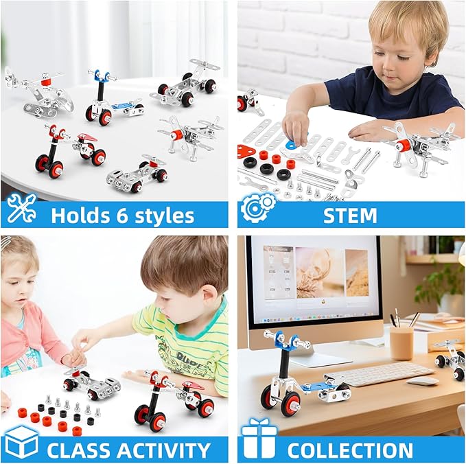 Cars & Airplane Metal Model Set, Building Kit Model, 231 PCS 6 Models Metal STEM Project Building Toys for Kids Ages 8-12, Assembly Vehicles Metal Toys Model