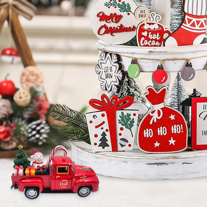 Christmas Red Truck Decor 5 Inch Vintage Farmhouse Metal Truck with Mini Christmas Village Accessories Rustic Xmas Tiered Tray Decor Winter Holiday Tabletop Decorations Xmas Party New Year Gifts