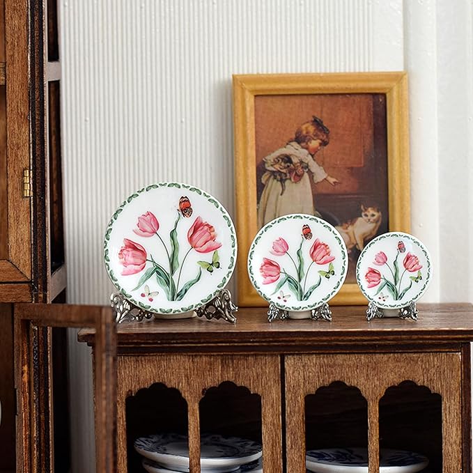 6PCS Handcrafted Miniature Ceramic Plates in 1:12 or 1:6 Scale, Vintage Porcelain Playhouse Dishes (Garden-A, 4CM)
