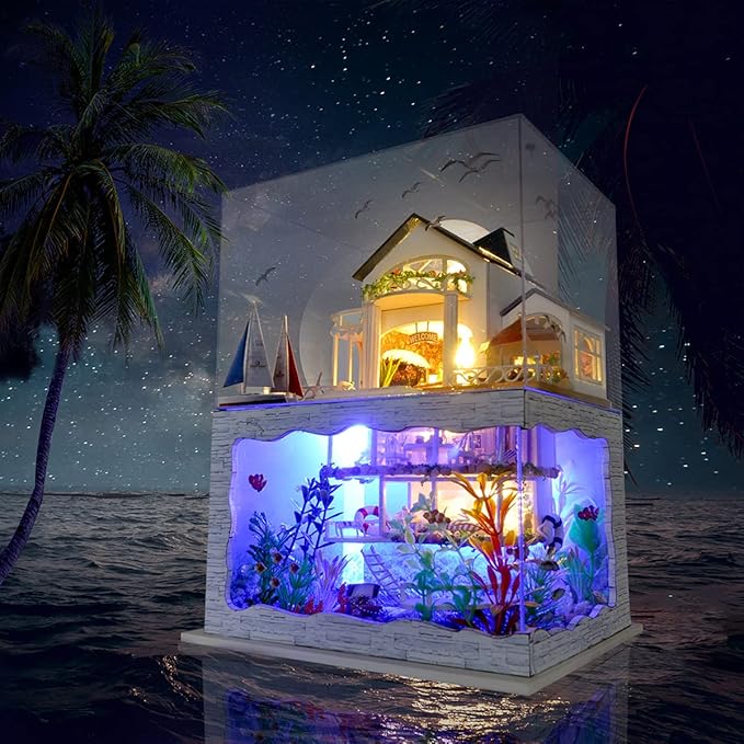 GuDoQi DIY Miniature Dollhouse Kit, Tiny House kit with Furniture and Dust Proof, Miniature House Kit 1:24 Scale Beachside Bungalow, Great Handmade Crafts Gift for Birthday Christmas Day